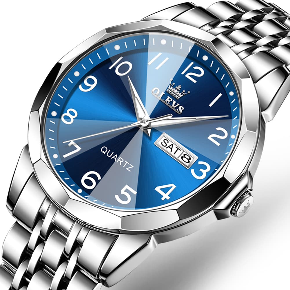 OLEVS 9970 3D Rhombic Faceted Glass Day Date Watch for Men - Silver Blue Dial Watch | Olevs Watch Store