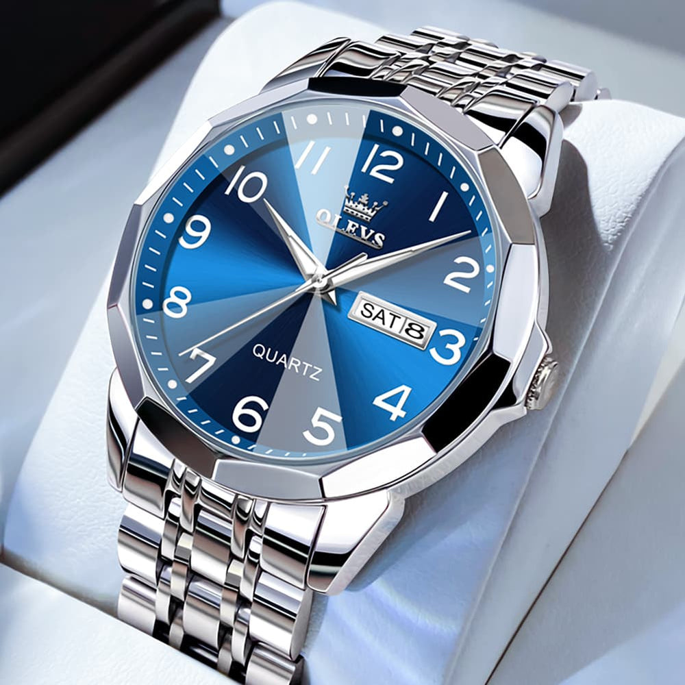 OLEVS 9970 3D Rhombic Faceted Glass Day Date Watch for Men - Silver Blue Dial Watch | Olevs Watch Store