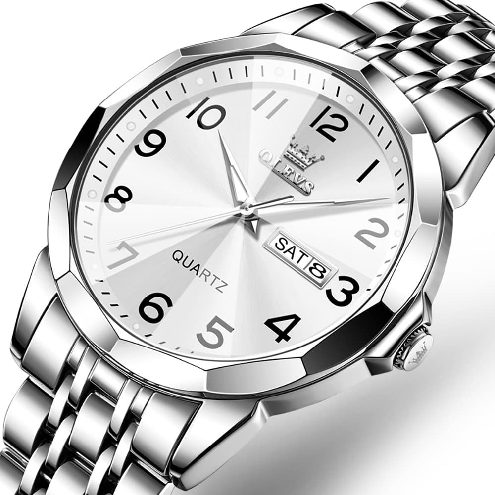 OLEVS 9970 3D Rhombic Faceted Glass Day Date Watch for Men - Silver Blue Dial Watch | Olevs Watch Store