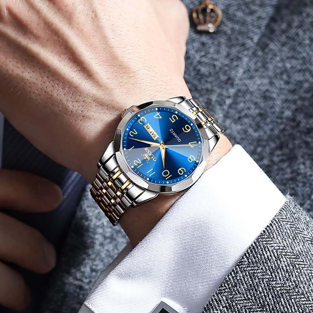 OLEVS 9970 3D Rhombic Faceted Glass Day Date Watch for Men - Silver Blue Dial Watch | Olevs Watch Store