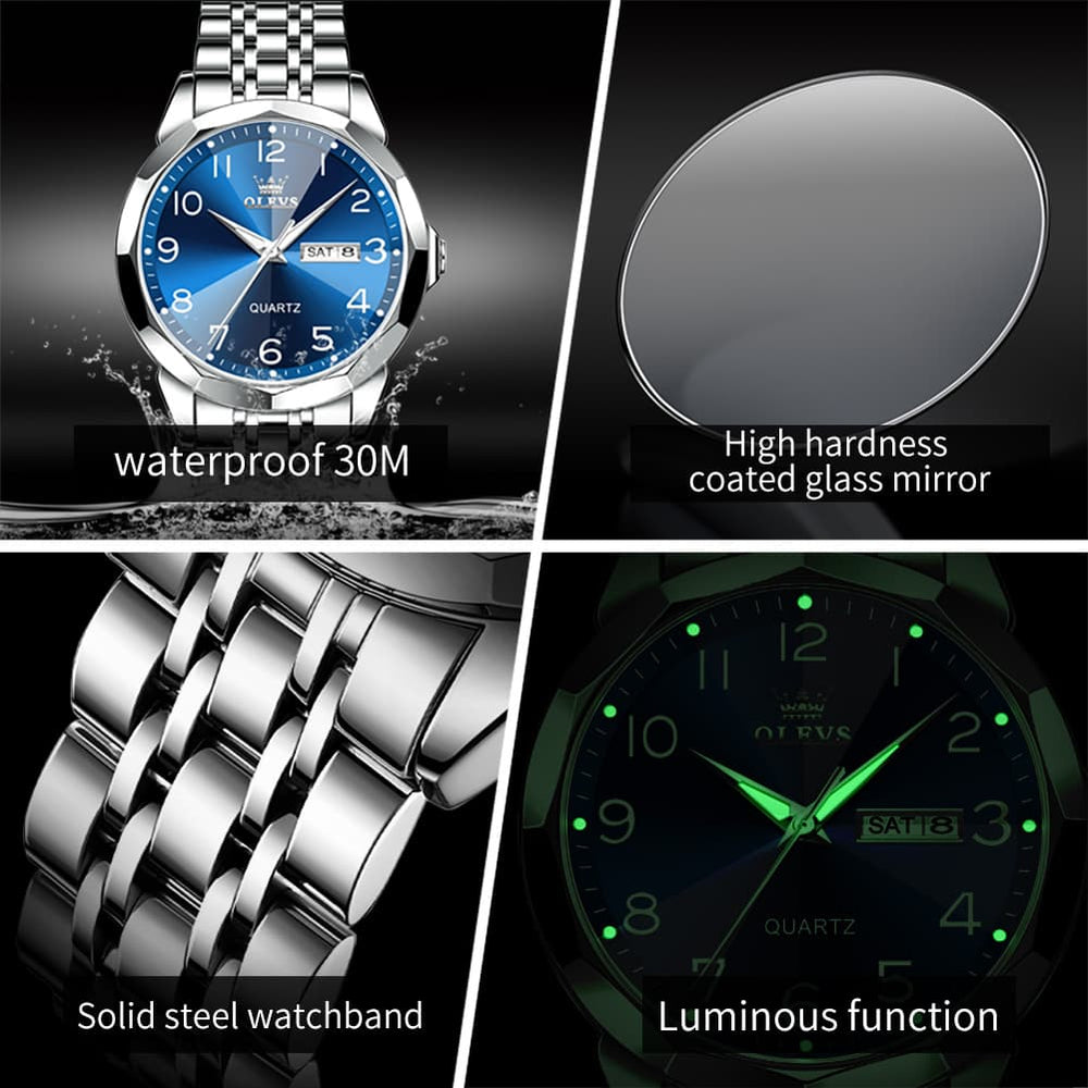 OLEVS 9970 3D Rhombic Faceted Glass Day Date Watch for Men - Silver Blue Dial Watch | Olevs Watch Store