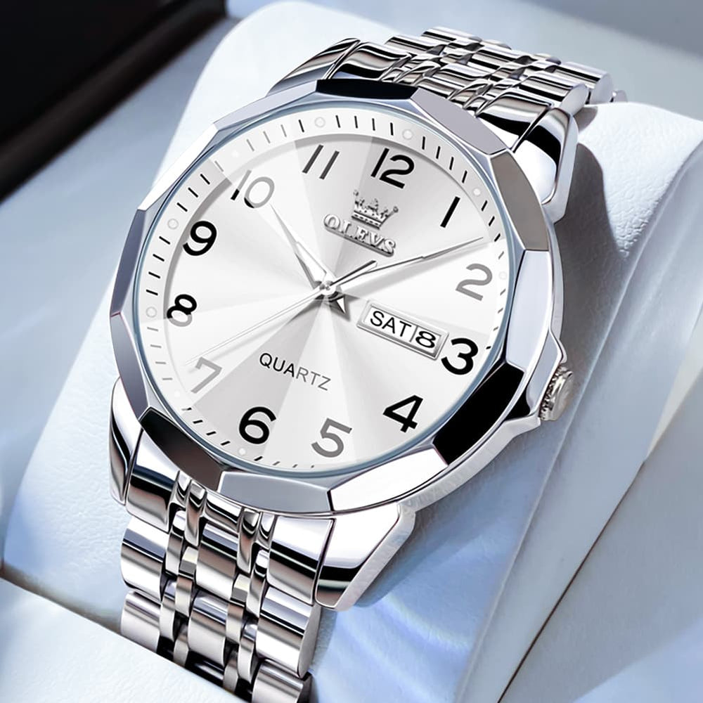 OLEVS 9970 3D Rhombic Faceted Glass Day Date Watch for Men - Silver White Dial Watch | Olevs Watch Store