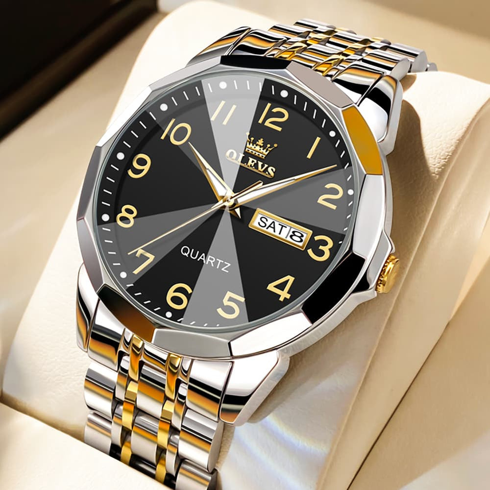 OLEVS 9970 3D Rhombic Faceted Glass Day Date Watch for Men - Two Tone Gold Black Dial Watch | Olevs Watch Store
