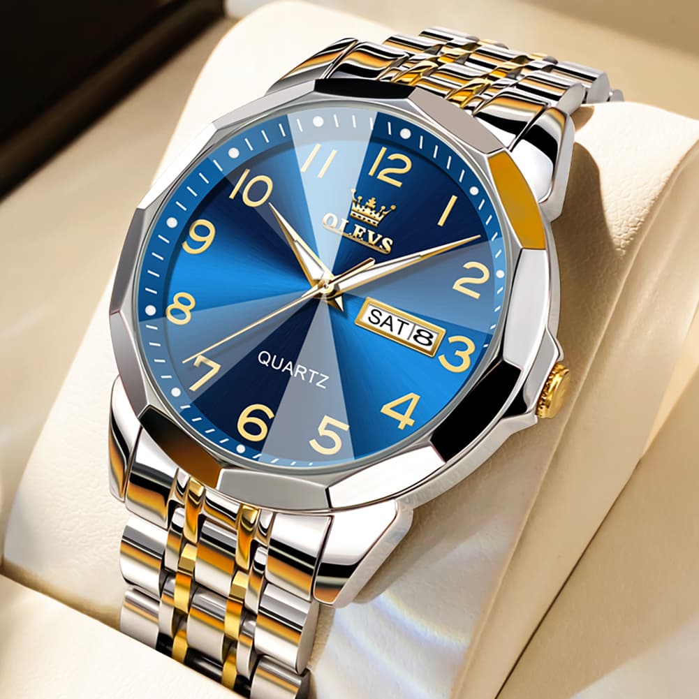 OLEVS 9970 3D Rhombic Faceted Glass Day Date Watch for Men - Two Tone Gold Blue Dial Watch | Olevs Watch Store