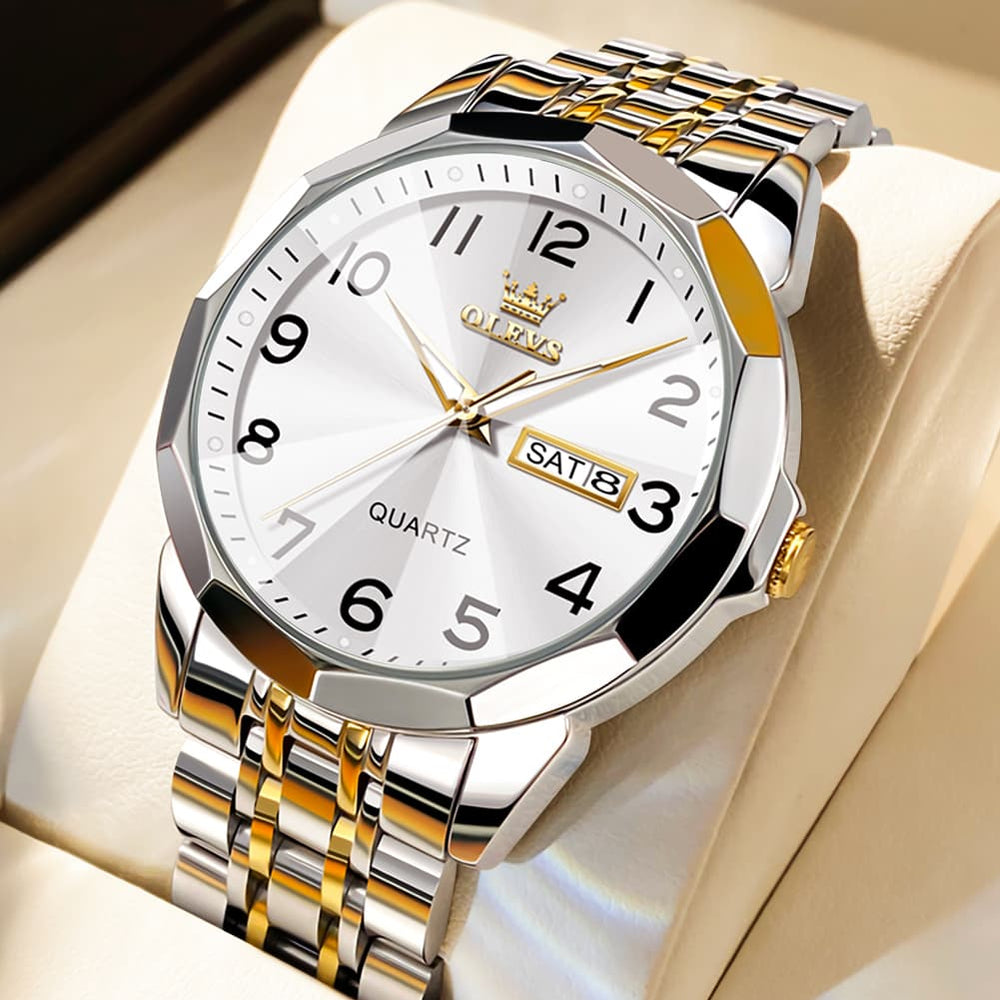 OLEVS 9970 3D Rhombic Faceted Glass Day Date Watch for Men - Two Tone Gold White Dial Watch | Olevs Watch Store