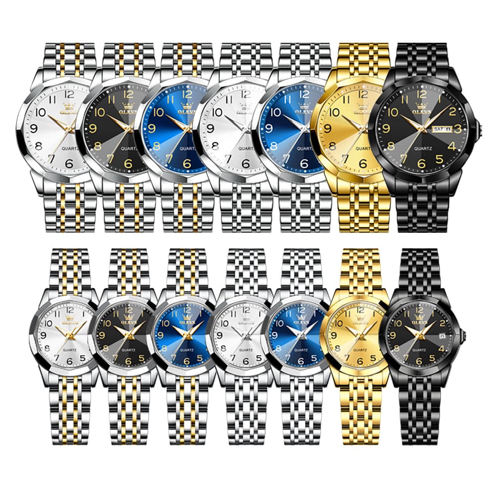 OLEVS 9970Q 3D Faceted Glass His and Hers Couple Watch Set - All Black Set Watch | Olevs Watch Store