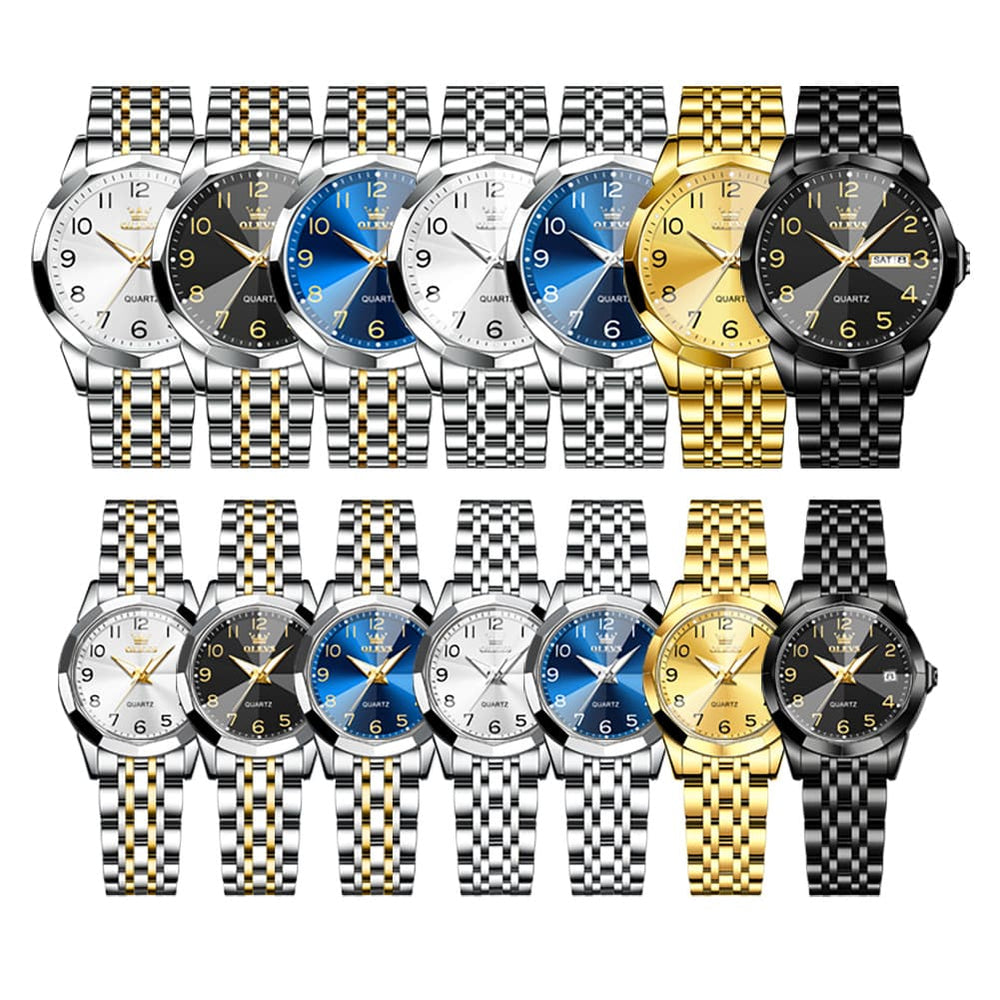 OLEVS 9970Q 3D Faceted Glass His and Hers Couple Watch Set - All Black Set Watch | Olevs Watch Store