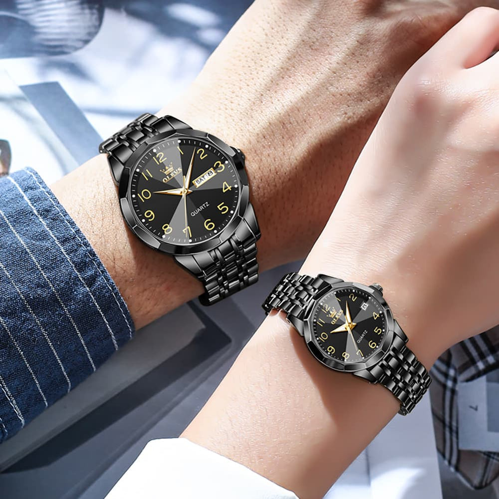 OLEVS 9970Q 3D Faceted Glass His and Hers Couple Watch Set - All Black Set Watch | Olevs Watch Store
