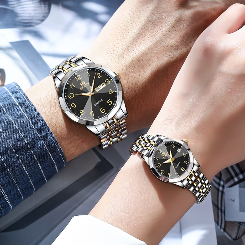 OLEVS 9970Q 3D Faceted Glass His and Hers Couple Watch Set - All Black Set Watch | Olevs Watch Store