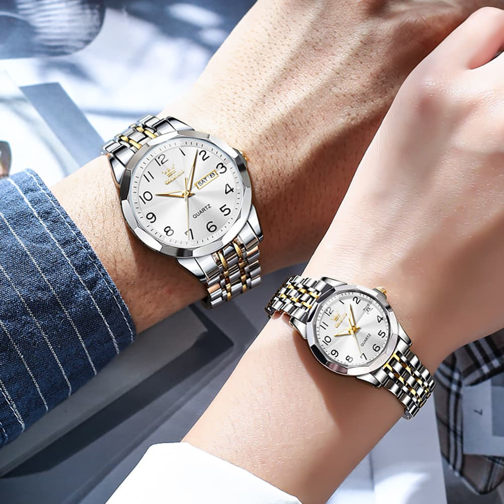 OLEVS 9970Q 3D Faceted Glass His and Hers Couple Watch Set - All Black Set Watch | Olevs Watch Store