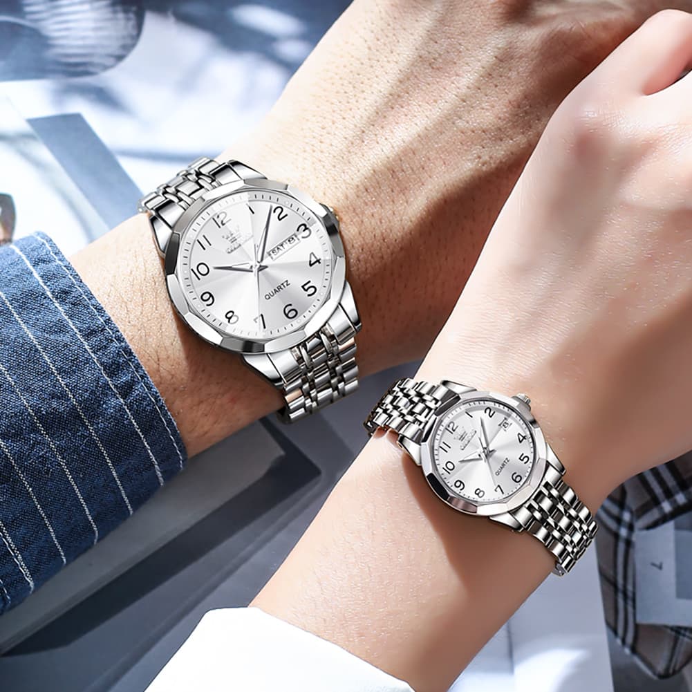 OLEVS 9970Q 3D Faceted Glass His and Hers Couple Watch Set - All Black Set Watch | Olevs Watch Store