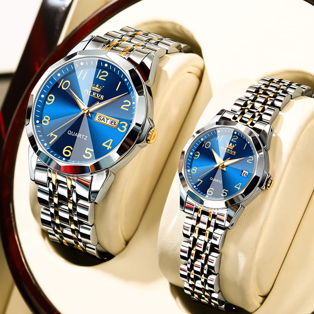 OLEVS 9970Q 3D Faceted Glass His and Hers Couple Watch Set - All Black Set Watch | Olevs Watch Store