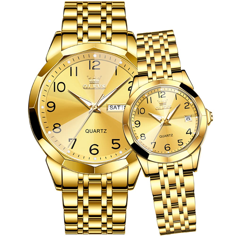 OLEVS 9970Q 3D Faceted Glass His and Hers Couple Watch Set - All Gold Set Watch | Olevs Watch Store