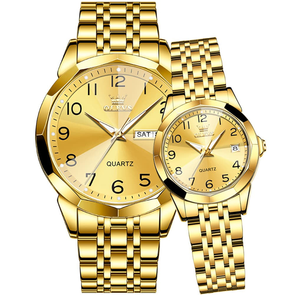 OLEVS 9970Q 3D Faceted Glass His and Hers Couple Watch Set - All Gold Set Watch | Olevs Watch Store