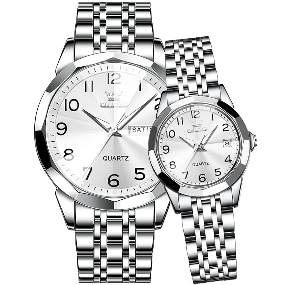OLEVS 9970Q 3D Faceted Glass His and Hers Couple Watch Set - Silver White Dial Set Watch | Olevs Watch Store
