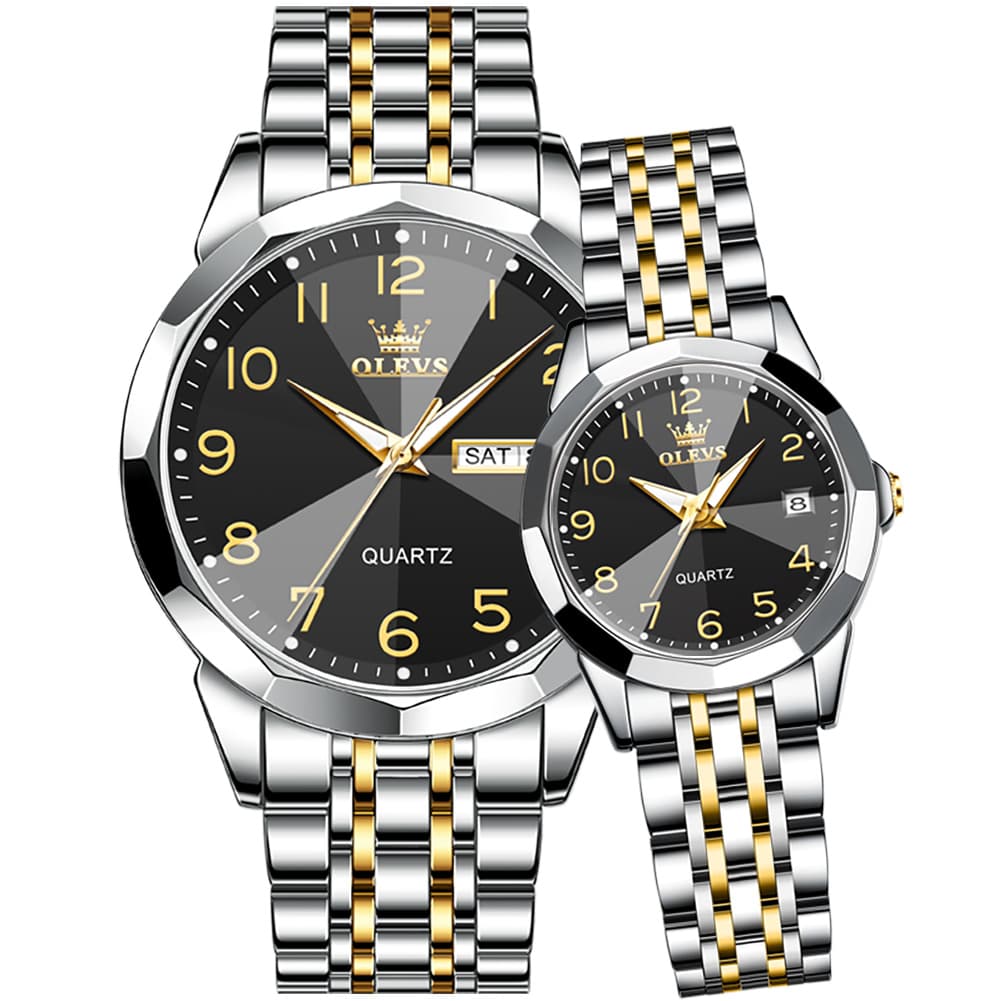 OLEVS 9970Q 3D Faceted Glass His and Hers Couple Watch Set - Two Tone Gold Black Dial Set Watch | Olevs Watch Store
