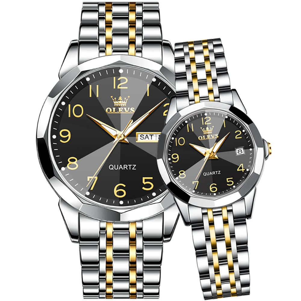 OLEVS 9970Q 3D Faceted Glass His and Hers Couple Watch Set - Two Tone Gold Black Dial Set Watch | Olevs Watch Store