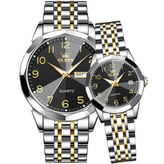 OLEVS 9970Q 3D Faceted Glass His and Hers Couple Watch Set - Two Tone Gold Black Dial Set Watch | Olevs Watch Store