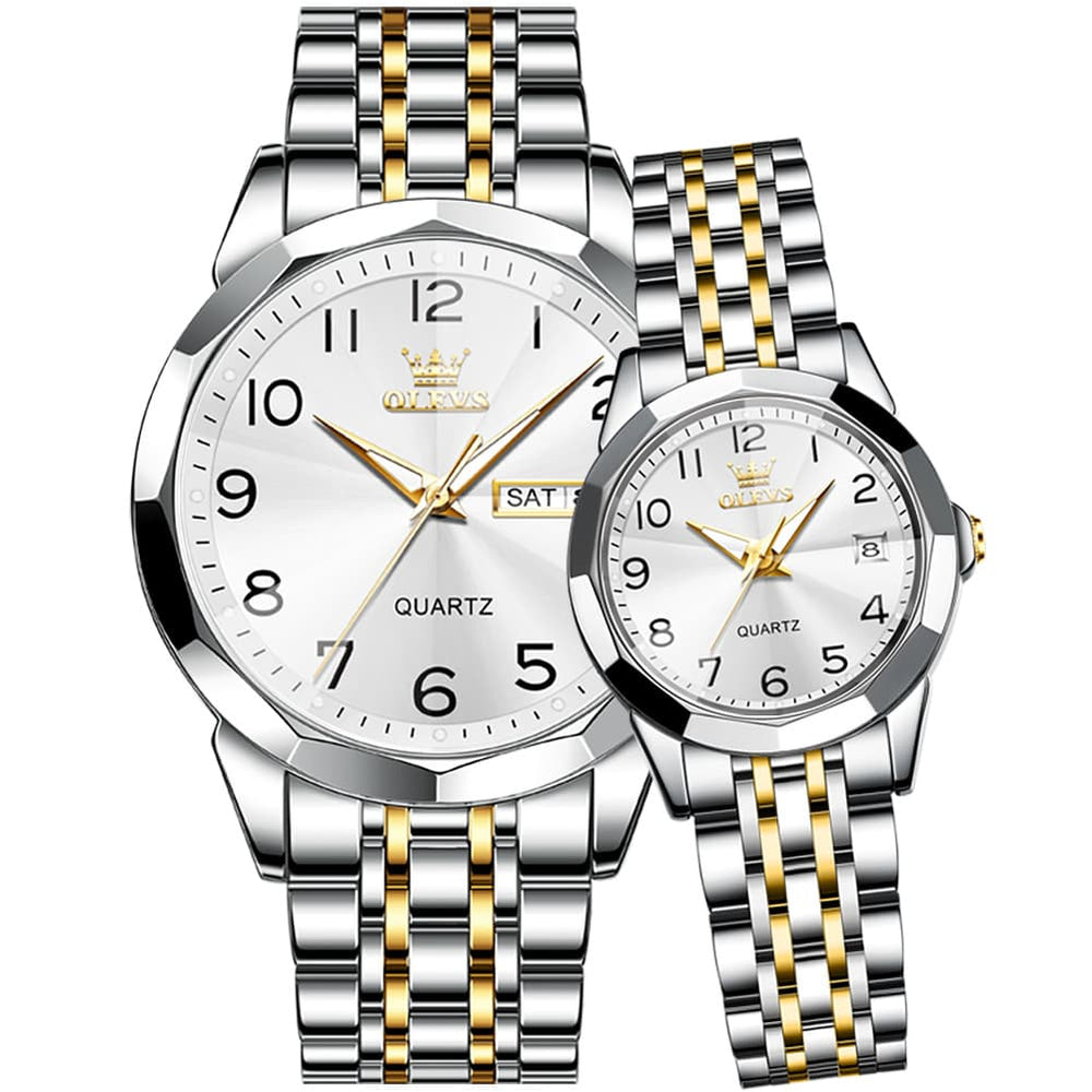 OLEVS 9970Q 3D Faceted Glass His and Hers Couple Watch Set - Two Tone Gold White Dial Set Watch | Olevs Watch Store