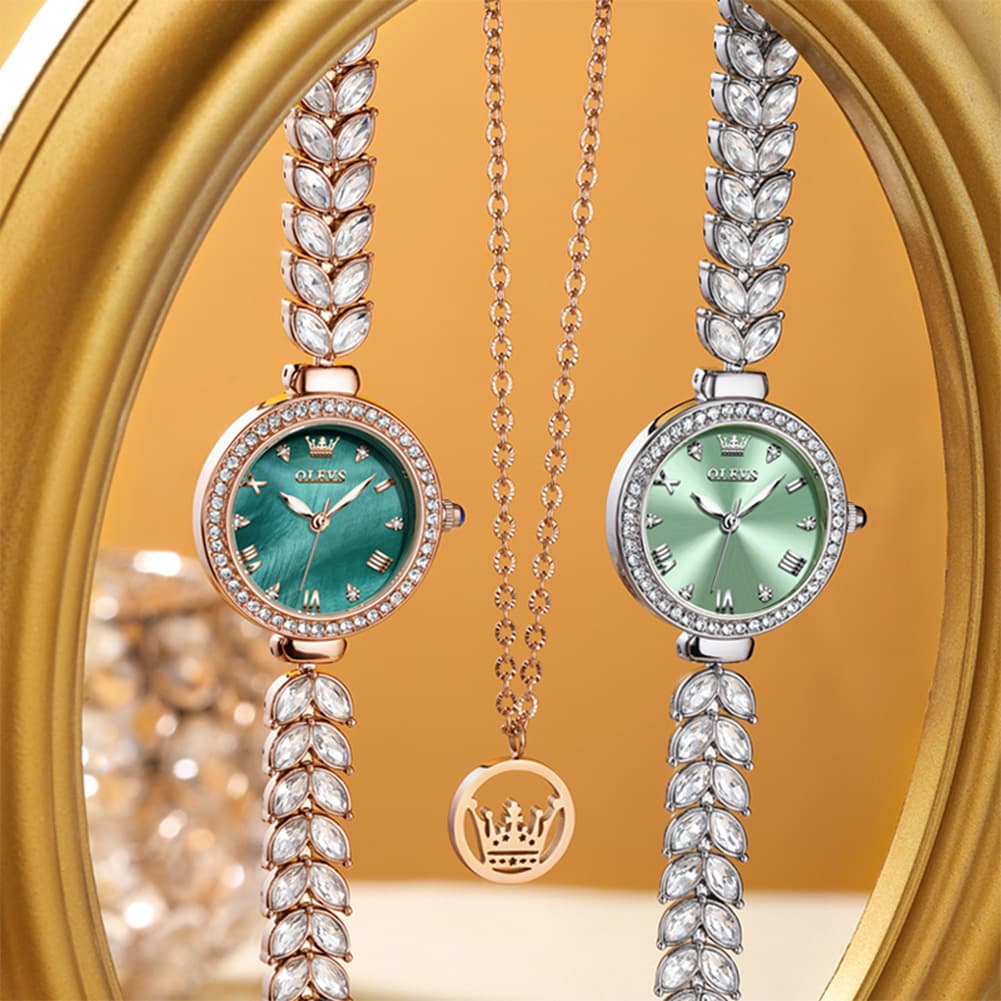 OLEVS 9971 Mermaid Bracelet Crystal Quartz Watch for Women - Rose Gold Green Dial Watch | Olevs Watch Store