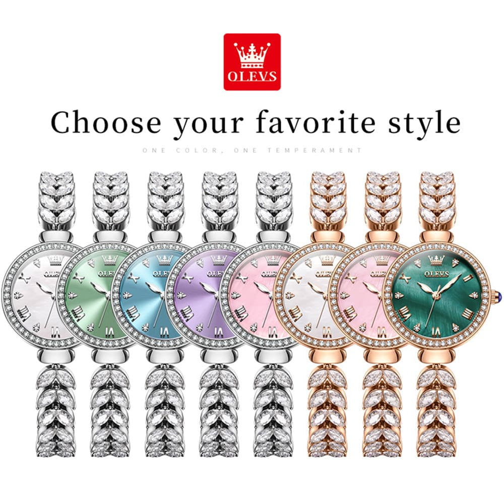 OLEVS 9971 Mermaid Bracelet Crystal Quartz Watch for Women - Rose Gold Green Dial Watch | Olevs Watch Store