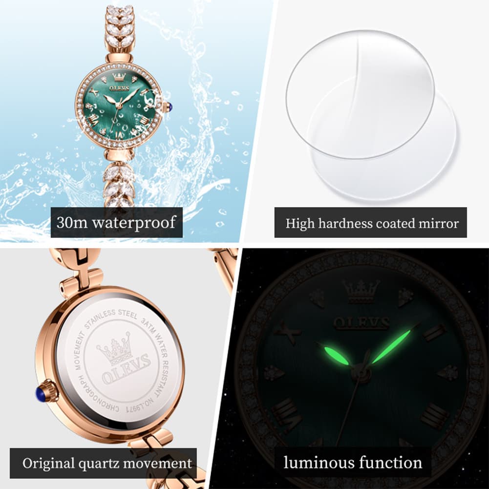 OLEVS 9971 Mermaid Bracelet Crystal Quartz Watch for Women - Rose Gold Green Dial Watch | Olevs Watch Store
