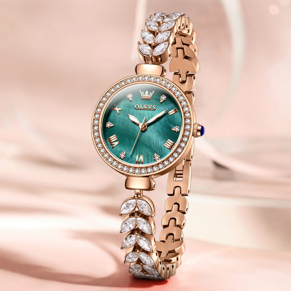 OLEVS 9971 Mermaid Bracelet Crystal Quartz Watch for Women - Rose Gold Green Dial Watch | Olevs Watch Store