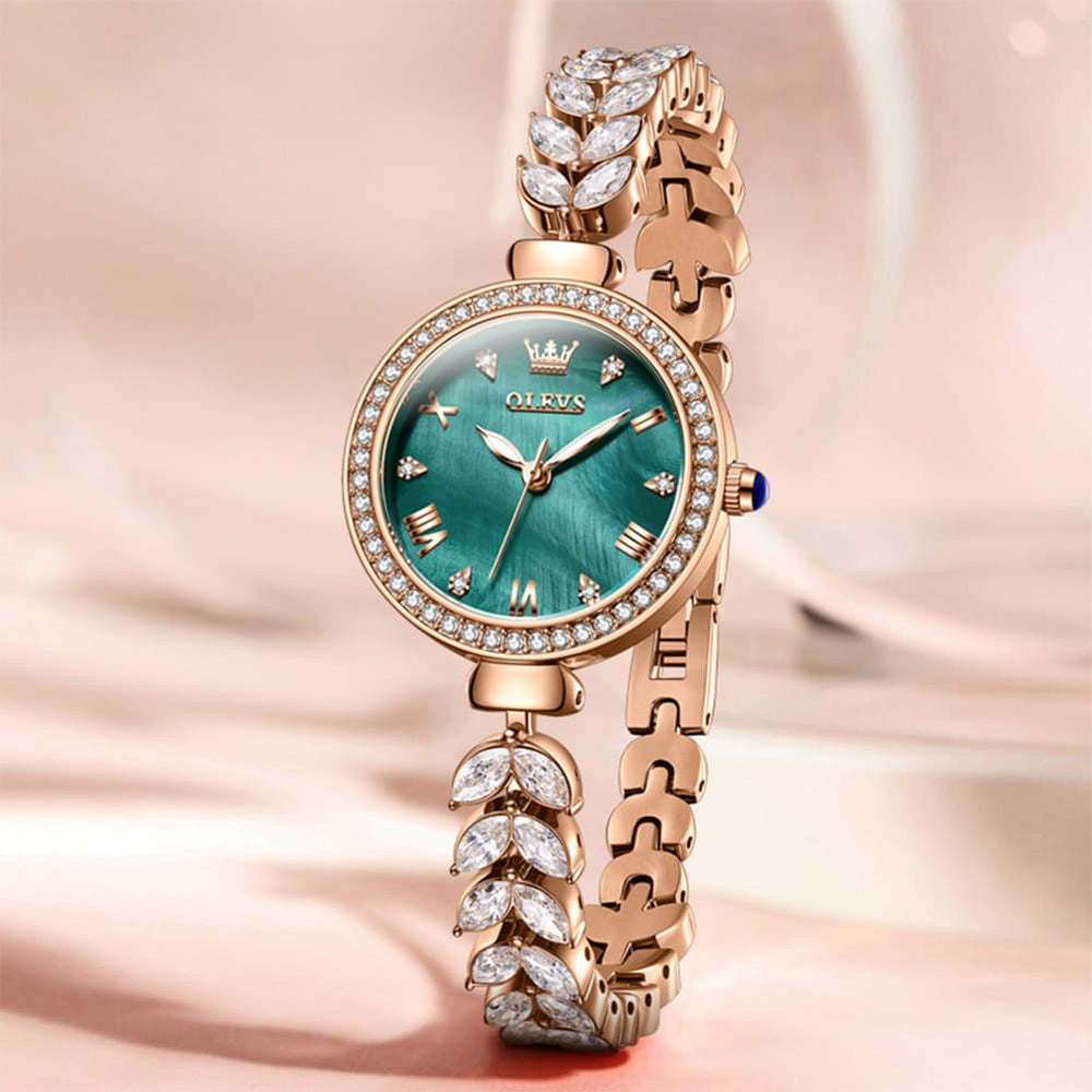 OLEVS 9971 Mermaid Bracelet Crystal Quartz Watch for Women - Rose Gold Green Dial Watch | Olevs Watch Store