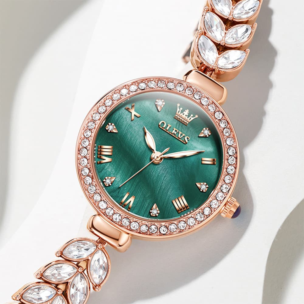 OLEVS 9971 Mermaid Bracelet Crystal Quartz Watch for Women - Rose Gold Green Dial Watch | Olevs Watch Store