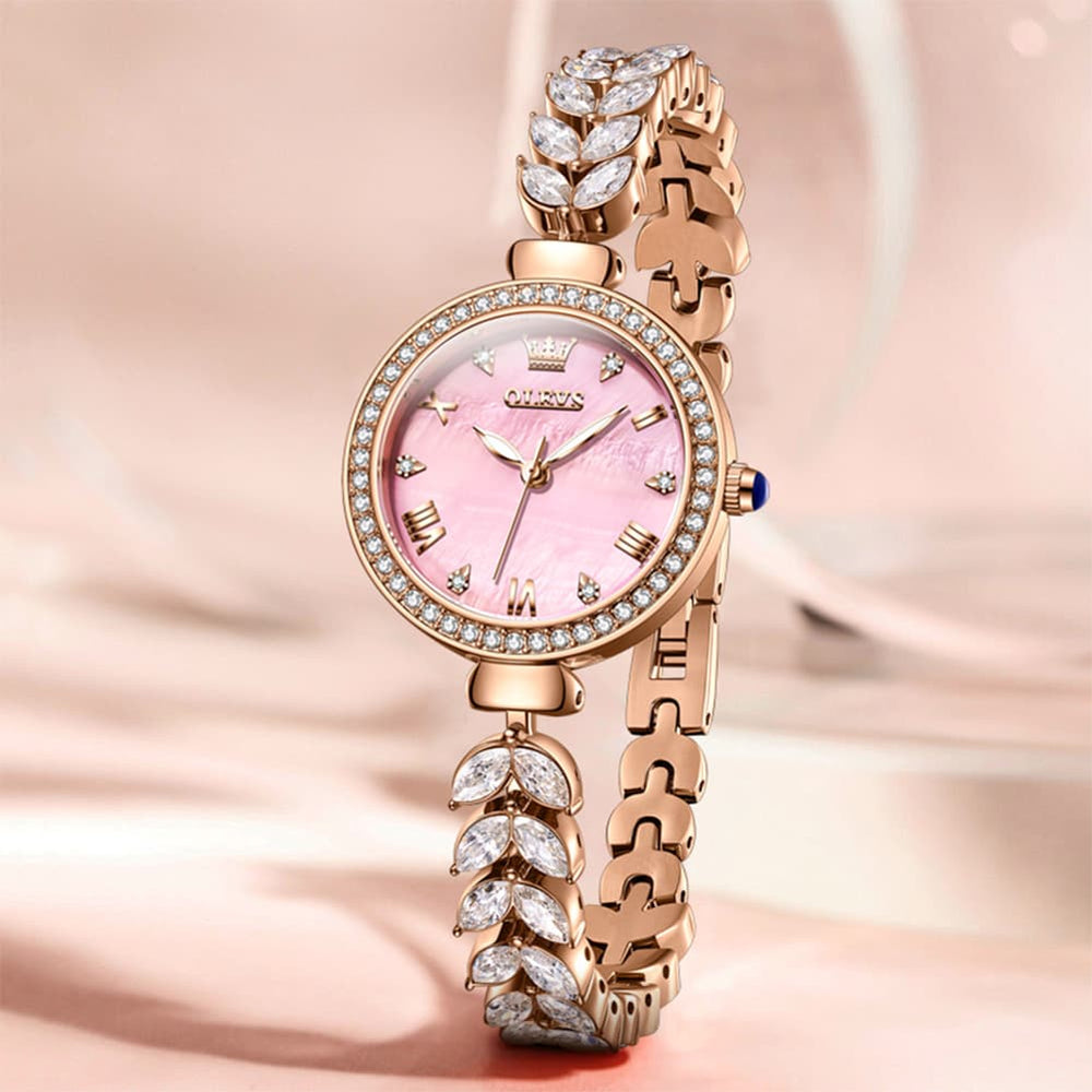 OLEVS 9971 Mermaid Bracelet Crystal Quartz Watch for Women - Rose Gold Pink Dial Watch | Olevs Watch Store