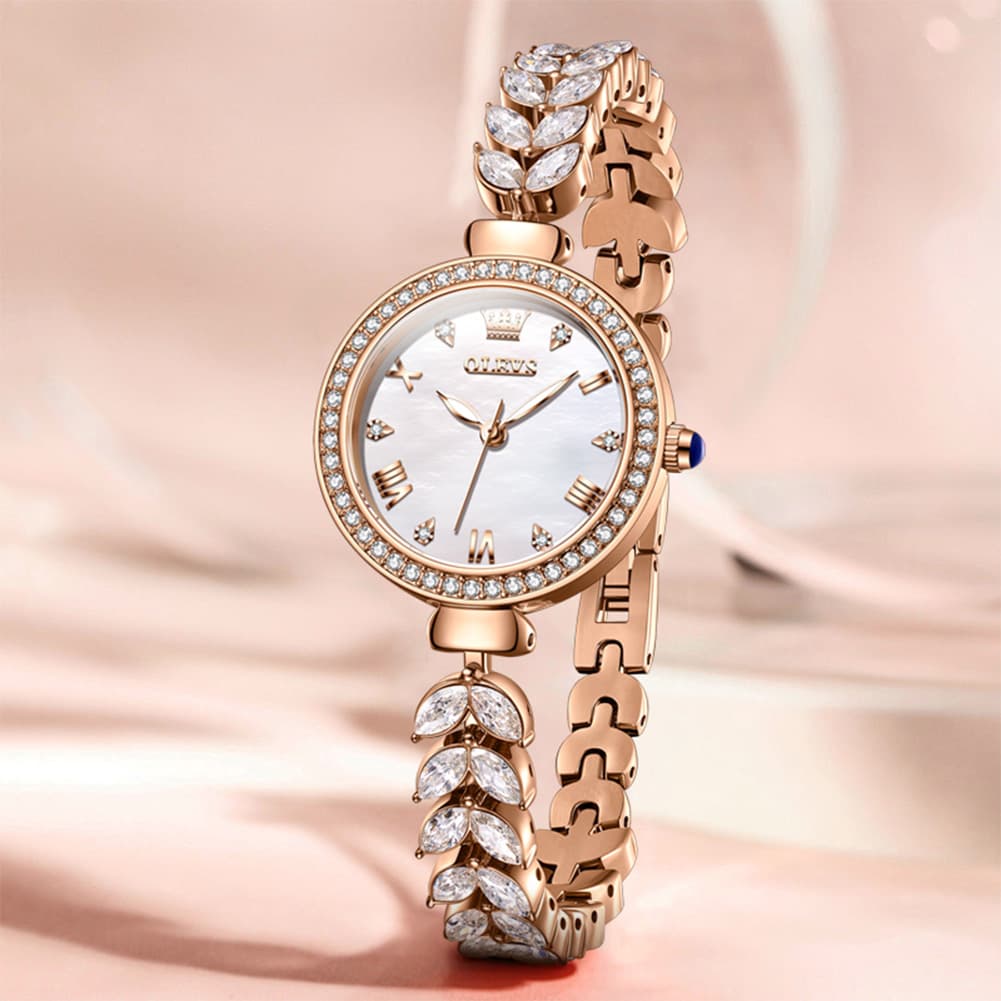 OLEVS 9971 Mermaid Bracelet Crystal Quartz Watch for Women - Rose Gold White Dial Watch | Olevs Watch Store