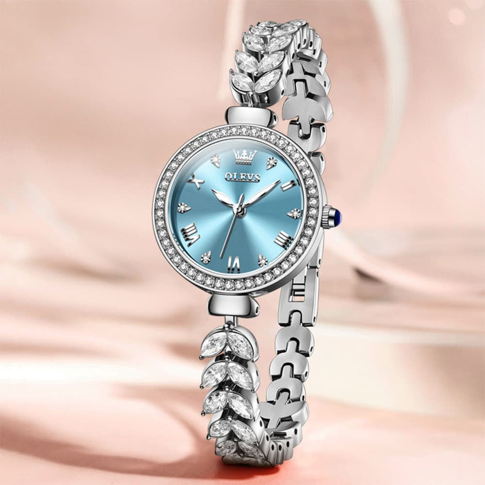 OLEVS 9971 Mermaid Bracelet Crystal Quartz Watch for Women - Silver Blue Dial Watch | Olevs Watch Store