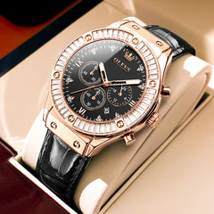 OLEVS 9978 Diamond Bezel Chronograph Leather Watch for Women - Rose Gold Black Watch | Olevs Watch Store