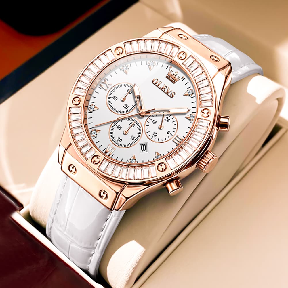 OLEVS 9978 Diamond Bezel Chronograph Leather Watch for Women - Rose Gold White Watch | Olevs Watch Store