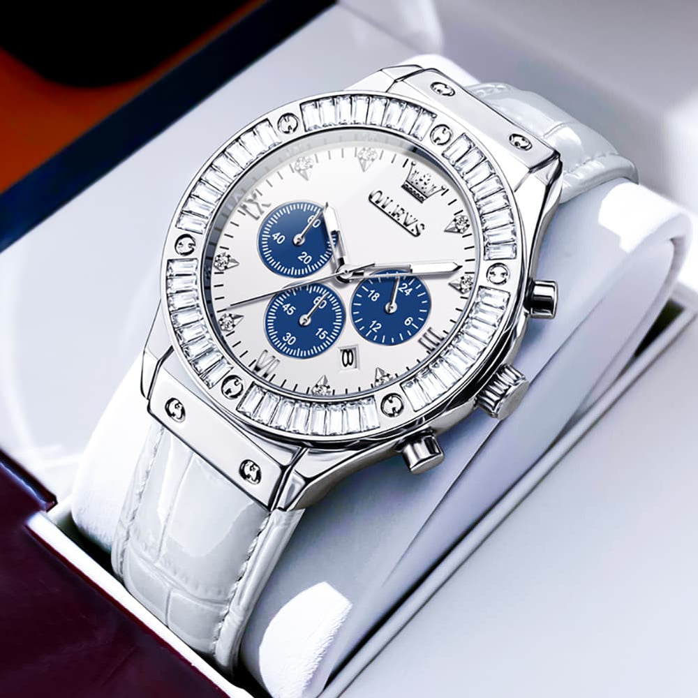 OLEVS 9978 Diamond Bezel Chronograph Leather Watch for Women - Silver Blue Watch | Olevs Watch Store