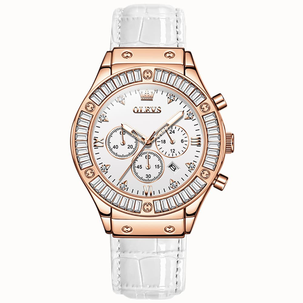 OLEVS 9978 Diamond Bezel Chronograph Leather Watch for Women - Silver Grey Watch | Olevs Watch Store