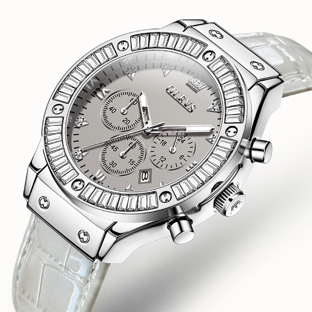 OLEVS 9978 Diamond Bezel Chronograph Leather Watch for Women - Silver Grey Watch | Olevs Watch Store