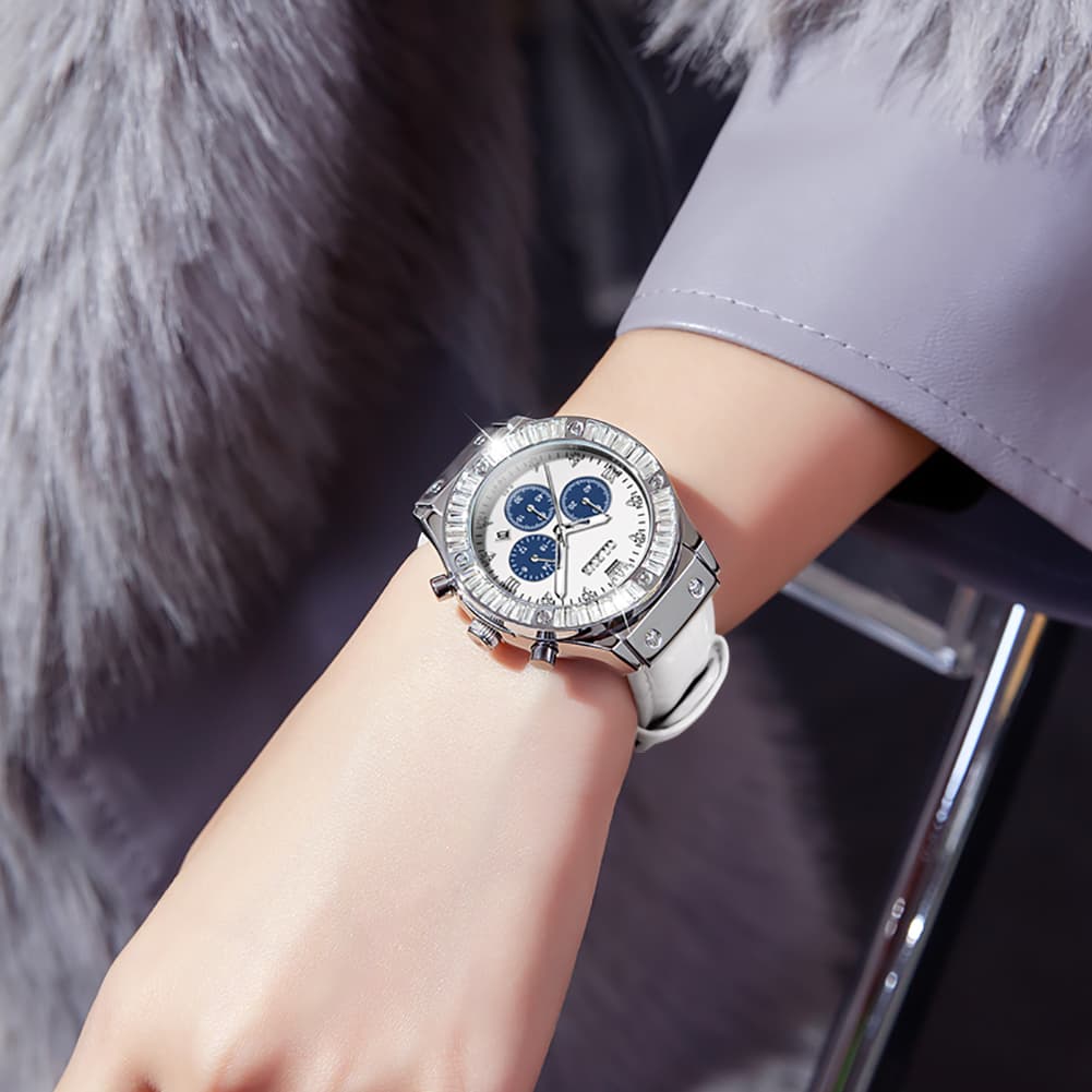 OLEVS 9978 Diamond Bezel Chronograph Leather Watch for Women - Silver Grey Watch | Olevs Watch Store