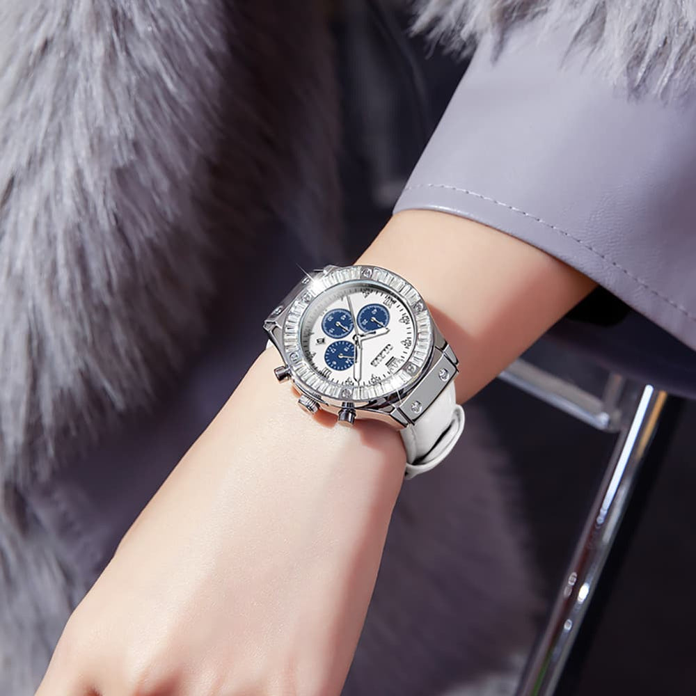 OLEVS 9978 Diamond Bezel Chronograph Leather Watch for Women - Silver Grey Watch | Olevs Watch Store