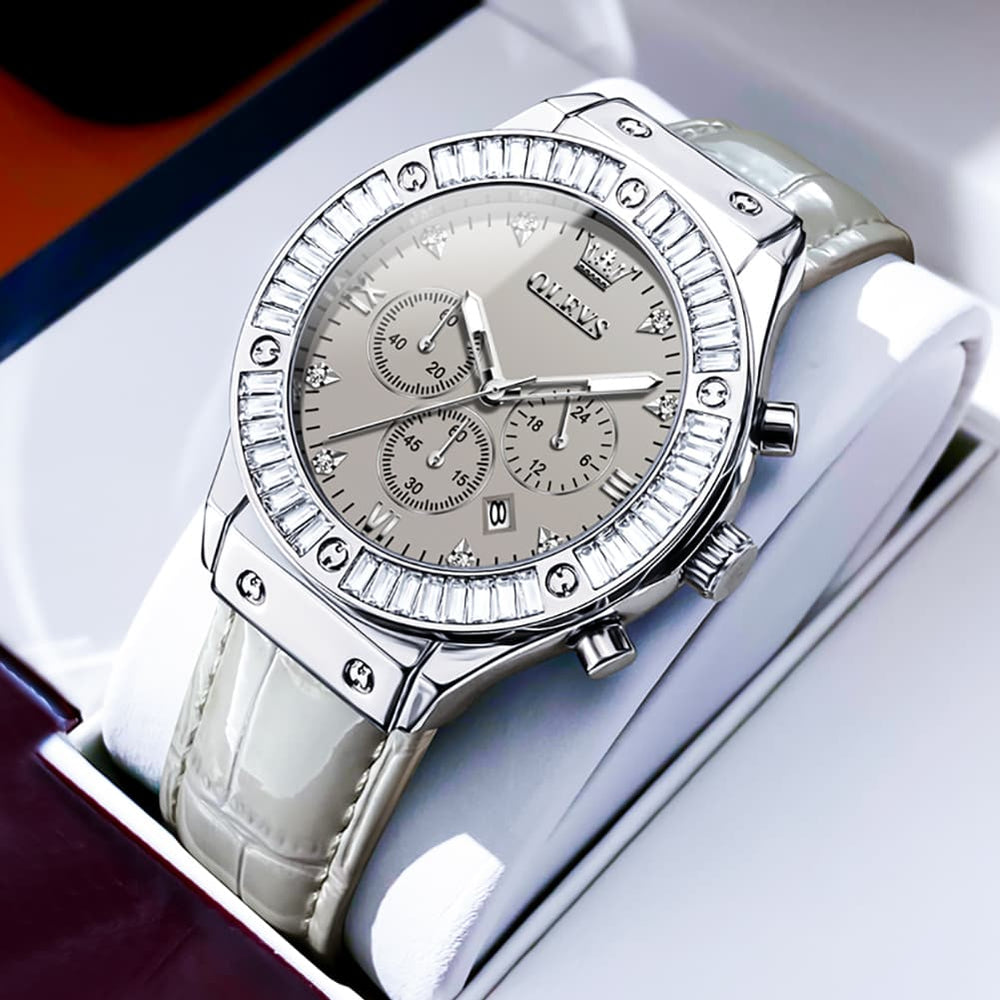 OLEVS 9978 Diamond Bezel Chronograph Leather Watch for Women - Silver Grey Watch | Olevs Watch Store