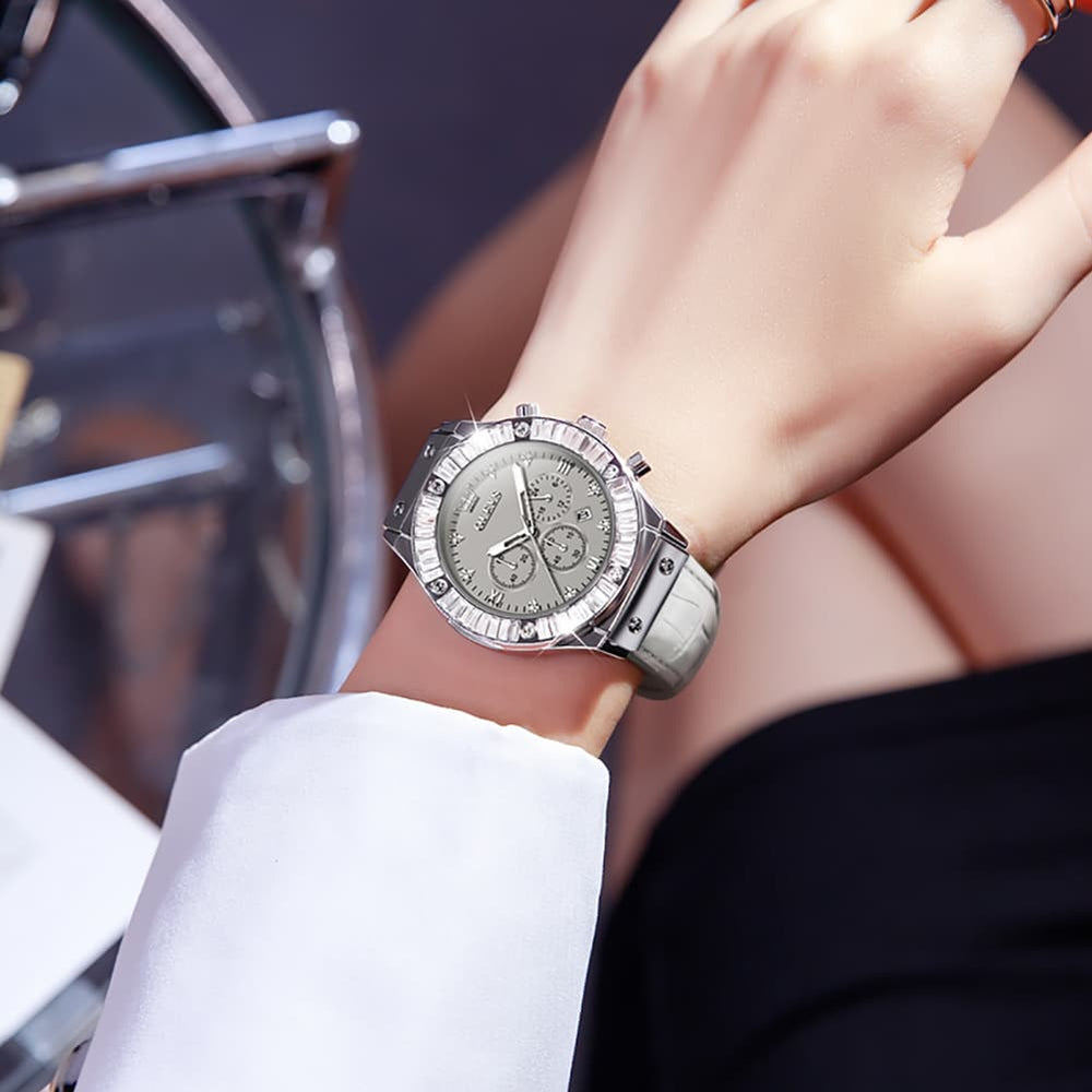 OLEVS 9978 Diamond Bezel Chronograph Leather Watch for Women - Silver Grey Watch | Olevs Watch Store