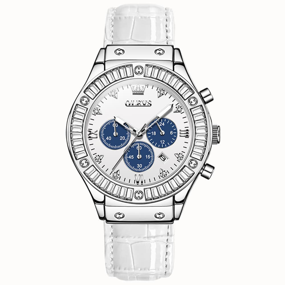 OLEVS 9978 Diamond Bezel Chronograph Leather Watch for Women - Silver Grey Watch | Olevs Watch Store