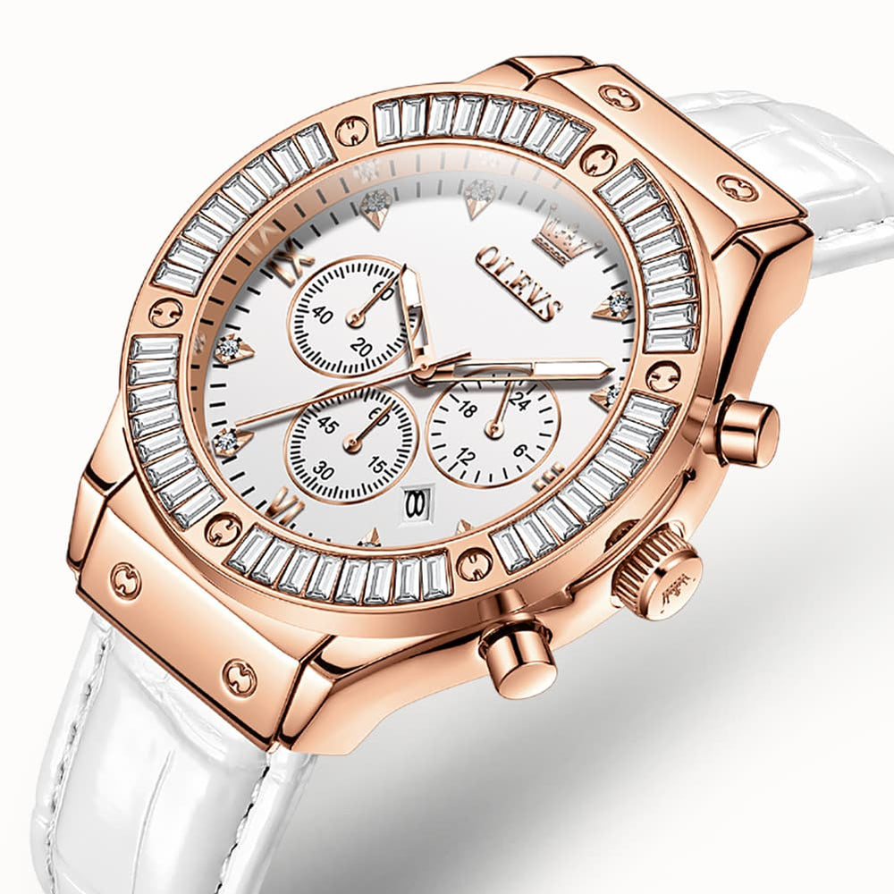 OLEVS 9978 Diamond Bezel Chronograph Leather Watch for Women - Silver Grey Watch | Olevs Watch Store