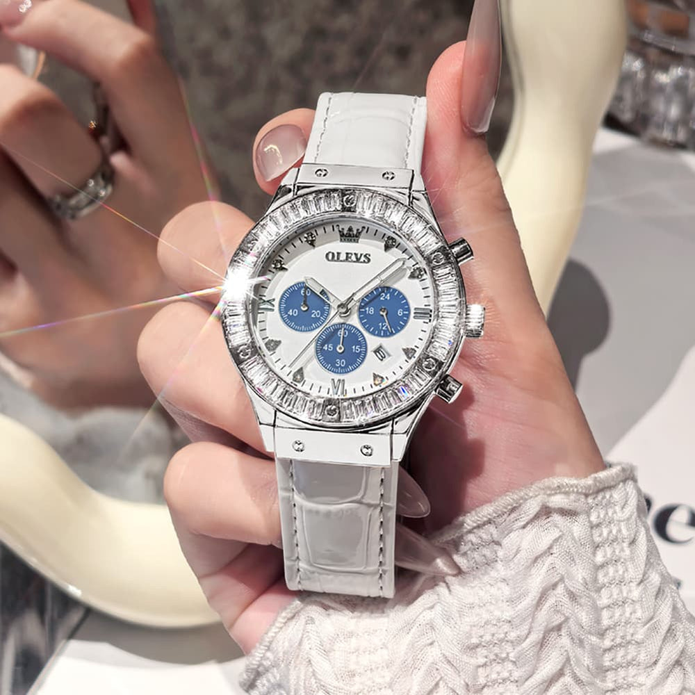 OLEVS 9978 Diamond Bezel Chronograph Leather Watch for Women - Silver Grey Watch | Olevs Watch Store