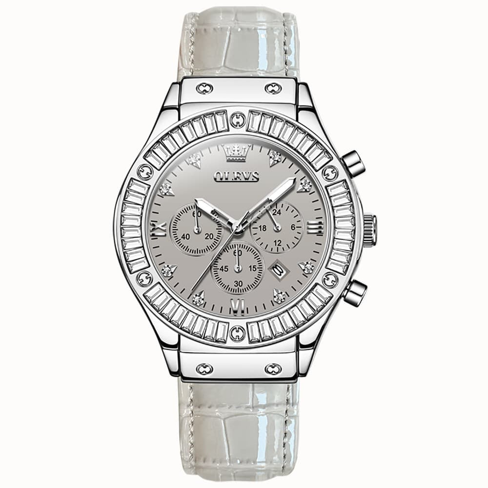 OLEVS 9978 Diamond Bezel Chronograph Leather Watch for Women - Silver Grey Watch | Olevs Watch Store