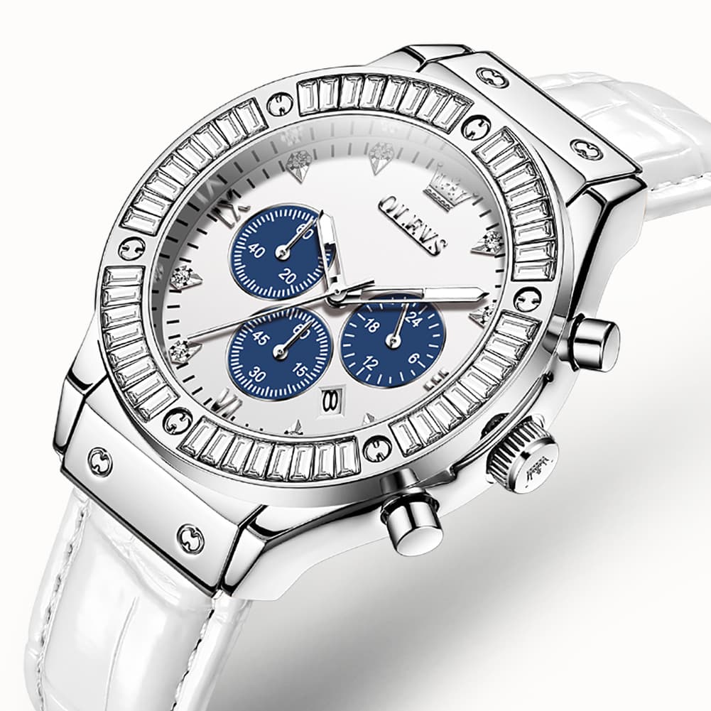 OLEVS 9978 Diamond Bezel Chronograph Leather Watch for Women - Silver Grey Watch | Olevs Watch Store