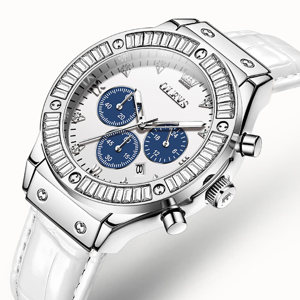 OLEVS 9978 Diamond Bezel Chronograph Leather Watch for Women - Silver Grey Watch | Olevs Watch Store