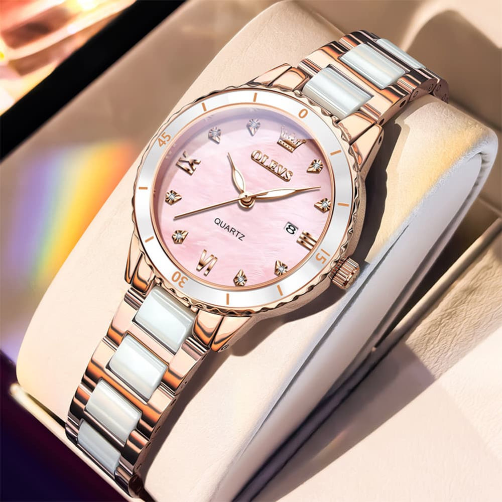 OLEVS 9985 Two Tone Ceramic Bracelet Quartz Watch for Women - Rose Gold Pink Watch | Olevs Watch Store