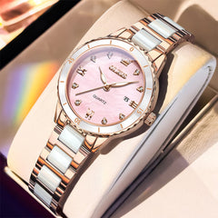 OLEVS 9985 Two Tone Ceramic Bracelet Quartz Watch for Women - Rose Gold Pink Watch | Olevs Watch Store
