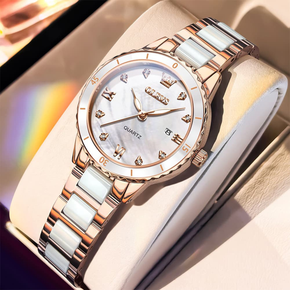 OLEVS 9985 Two Tone Ceramic Bracelet Quartz Watch for Women - Rose Gold White Watch | Olevs Watch Store